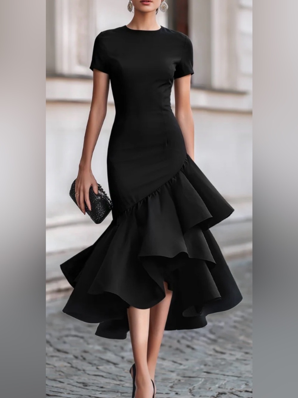 Mooyius Asymmetrical Ruffle Hem Tailored Midi Dress-NWT
